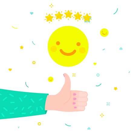 Concept of rate. Hand of woman with thumbs up giving emoticon rating with yellow smile emoji on white background. Good review. Flat design, vector illustrationのイラスト素材