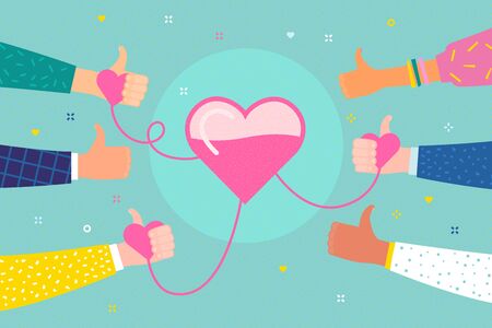Concept of Blood donation. Hands holds transfusion equipment in heart shapeのイラスト素材