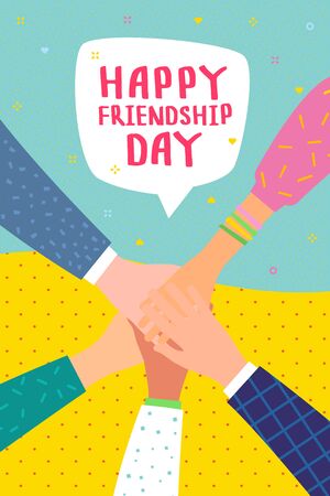 Happy Friendship Day illustration. Friends with stack of hands showing unity and teamwork, top view. People putting their hands together. Flat design, vector conceptのイラスト素材
