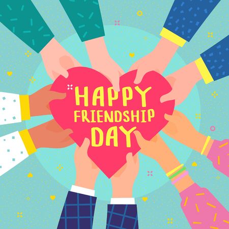 Happy Friendship Day illustration. Hands hold heart with text. Flat design, vector illustrationのイラスト素材