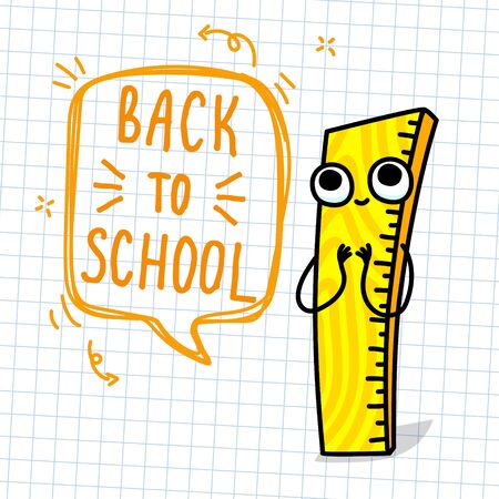 Concept of education. School background with cartoon happy ruler on white notepaper and lettering Back to School. Vector illustrationのイラスト素材