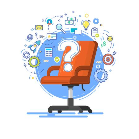 Concept of business hiring and recruiting. Office red chair with a question mark and icons.のイラスト素材
