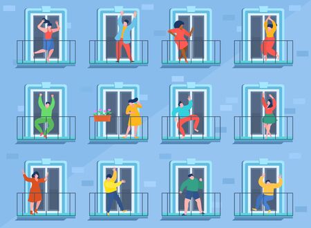 Concept of quarantine. People staing at home and dance on their balconies. Stay home concept. Self isolation, quarantine due to coronavirus.のイラスト素材