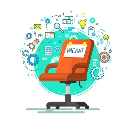 Concept of business hiring and recruiting. Office red chair with Vacant word and icons. Flat design vector illustrationのイラスト素材