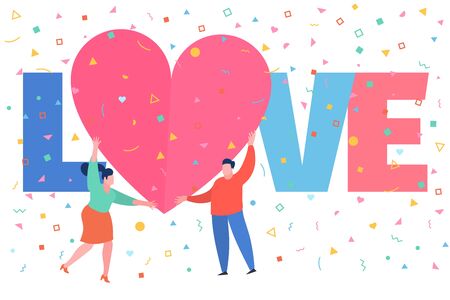 Concept of love. Mini people with red hearts in hands. Man and woman holding heart and word Love. Valentine day. Love and relationship. Flat design, vector illustration.のイラスト素材