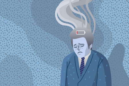 Concept of professional burnout, sad and tired man with smoke above his head.
