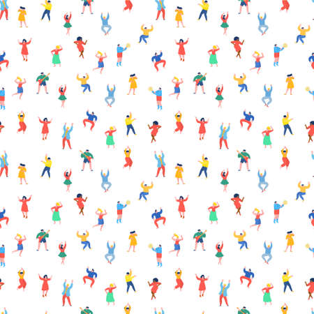 Dancing people funny cartoon style. Men and women in free movement poses. Flat design.のイラスト素材