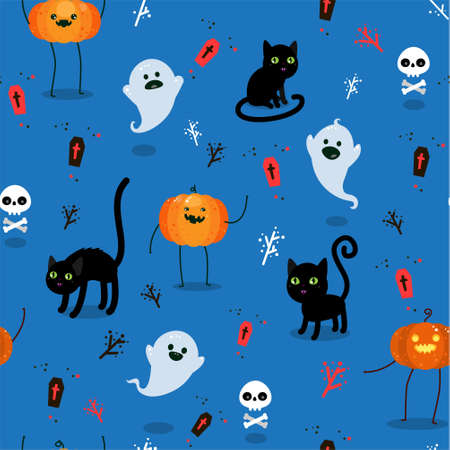 Halloween illustration. Seamless Pattern with funny cats on blue background.のイラスト素材