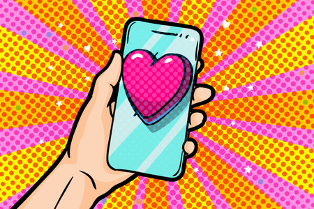 Sending love message in pop art style. Hand holding phone with love heart on screen.のイラスト素材