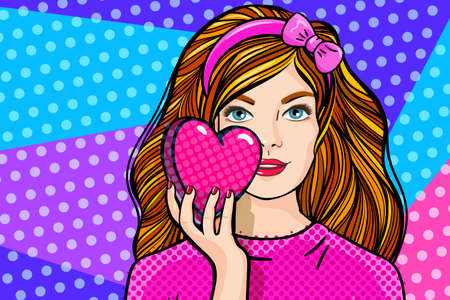 Beautiful girl holding a heart symbol. Concept of love.のイラスト素材