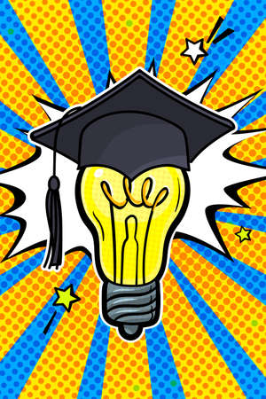 Concept of a graduating class or idea. Graduation cap in pop art style on light bulbのイラスト素材