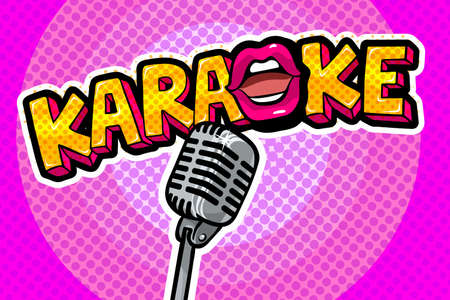 Karaoke lettering with lips in Pop-art stile with retro microphone.のイラスト素材