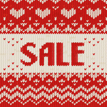 Sale Concept. Knitted red and white christmas sweater texture with SALE letters. Ugly sweater party.のイラスト素材