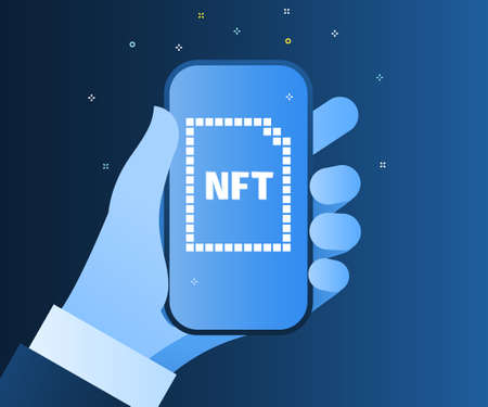 NFT nonfungible token text on screen of the phone on blue background. Pay for unique collectibles in games or art. For banner or news.のイラスト素材