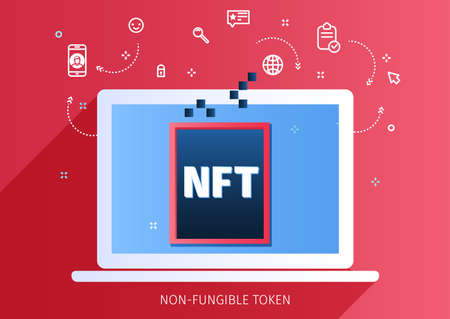 NFT nonfungible token text on screen. Pay for unique collectibles in games or art.のイラスト素材