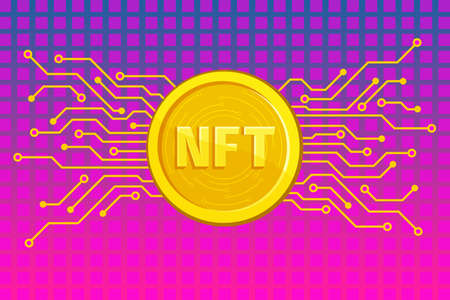 NFT nonfungible token text on golden coin. Pay for unique collectibles in games or art.のイラスト素材