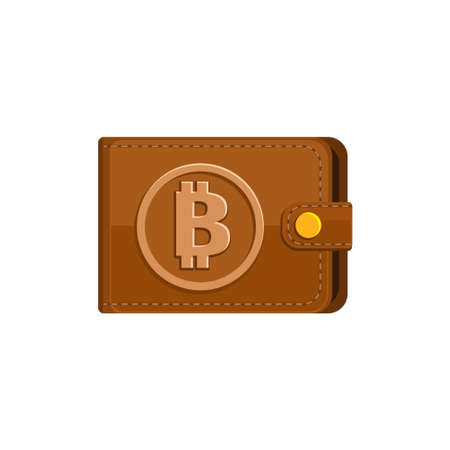 Concept of Crypto currency. Brown bitcoin wallet with coins on white background.のイラスト素材