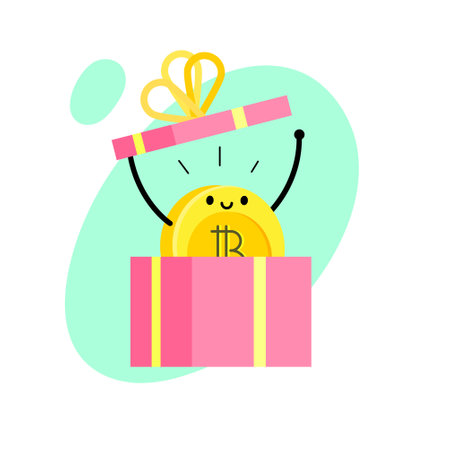 Concept of Crypto currency. Cartoon bitcoin character. Bitcoin in gift box and shines hands up.のイラスト素材
