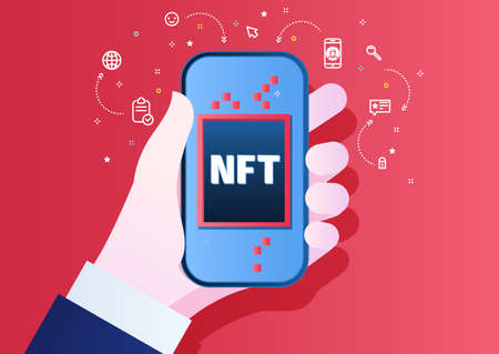 NFT nonfungible token text on screen of the phone on red background. Pay for unique collectibles in games or art. For banner or news.のイラスト素材