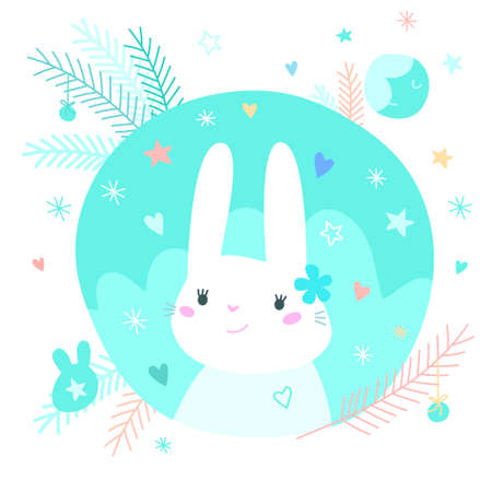 Cute cartoon rabbit on green background. Vector cute illustrationのイラスト素材