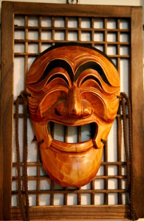 Seoul, South Korea - April 23, 2011: Wooden Hahoe Mask, Hahoetal in Korean, in Insadong. Hahoe masks are labelled South Korean national treasure. のeditorial素材
