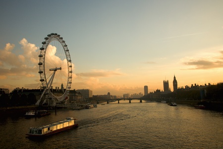 London, UK - November 16, 2010: London Eye and Westminster in the distance seen from Hungerford Bridge at dusk. のeditorial素材