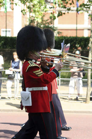 London, UK - June 17, 2006: Queen's soldiers marching at Trooping the Colour ceremony, also known as...