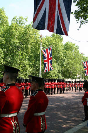 London, UK - June 17, 2006: Queen's soldiers marching at Trooping the Colour ceremony, also known as the Queen's Birthday Parade のeditorial素材