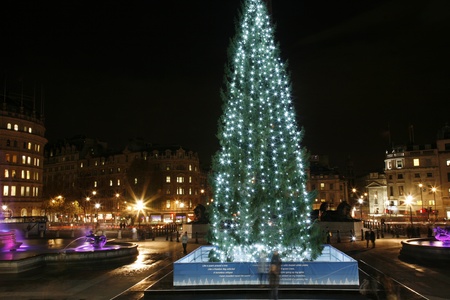 Trafalgar Square night view with christmas treeのeditorial素材