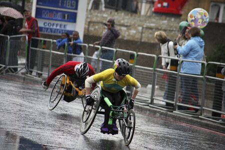 London, UK - April 25, 2010: Wheelchair racing contestants in the London Marathon. The London...