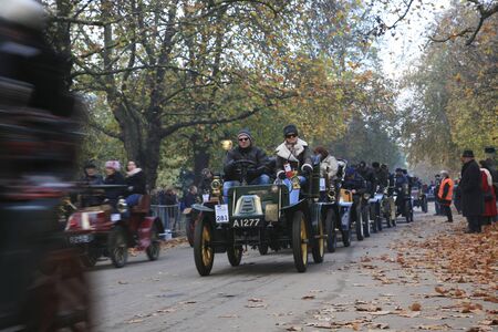 London, UK - November 07, 2010: London to Brighton Veteran Car Run participants leaving Hyde Park,...