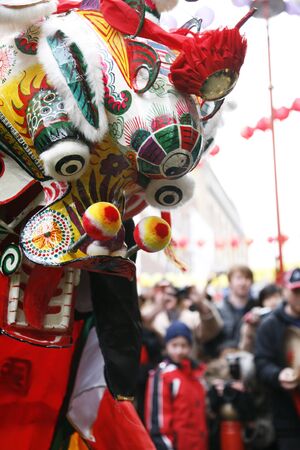 LONDON - January 29, 2012: Performers, lion dance, take part in the celebration of Chinese New Year. Various traditional performance attract thousands of people to the street. 
のeditorial素材