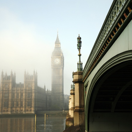 Palace of Westminster in fog seen from South Bankのeditorial素材