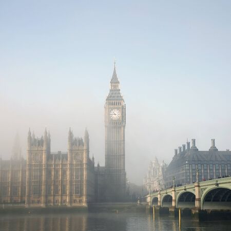 Palace of Westminster in fog seen from South Bankのeditorial素材