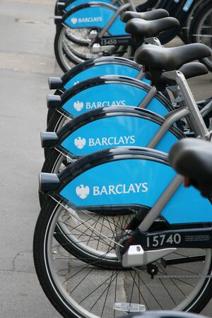 London, UK - August 12, 2010 : London's bicycle sharing scheme, to help ease traffic congestion, sponsored by Barclays, was launched on 30 July 2010. Currently there are some 6,000 bikes and 400 docking stations in London. 

のeditorial素材