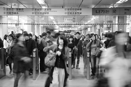 Seoul, South Korea - April 23, 2011: Inside view of the Metropolitan Subway in Seoul, one of the...