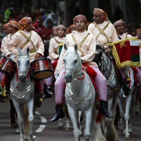 London, UK - June 13, 2012: Member of Royal Omani Bands at Beating Retreat 2012. Beating Retreat is a military ceremony takes place on Horse Guard Parade in White Hall, London. This ceremony is performed by military band like bands of the Foot Guards and のeditorial素材