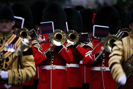 London, UK - June 14, 2012: Massed Bands at Beating Retreat 2012. Beating Retreat is a military ceremony takes place on Horse Guard Parade in White Hall, London. This ceremony is performed by military band like bands of the Foot Guards and Household Cavalのeditorial素材