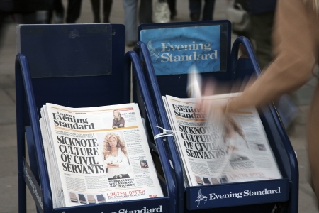 London, UK - February 17, 2011: A pile of popular Evening Standard, free daily newspaper, evening...