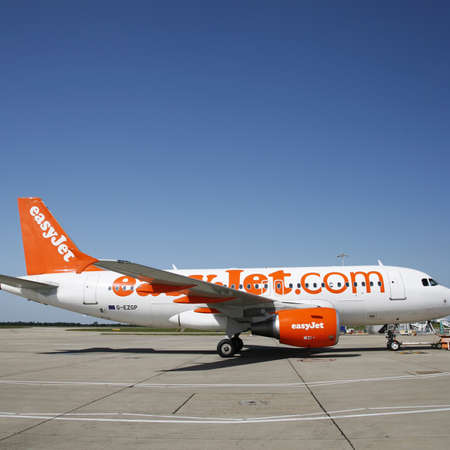 London, UK - Sep 5, 2012: EasyJet Airbus A319. EasyJet Airline, UK's largest airline, operates over 200 aircraft, services over 500 routes between Europe and Africa, Asia, is the second-largest low-cost carrier in Europe after Ryanair. 
のeditorial素材