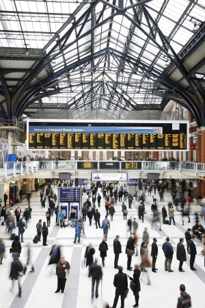 London, UK - December 12, 2011:  Inside view of Liverpool Street Station, located in City of London, since 1874, third busiest railway terminus after Waterloo and Victoria in UK, served over 55 million passenger between April 2010 and March 2011.のeditorial素材