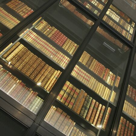 London, UK - August 27, 2010:  Inside view of British Library, national library of UK, separated from British Museum in 1973. with the glass wall of the King's Library. のeditorial素材
