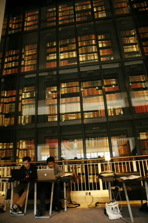 London, UK - August 27, 2010:  Inside view of British Library, national library of UK, separated from British Museum in 1973. with the glass wall of the King's Library. のeditorial素材