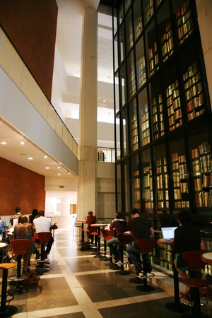 London, UK - August 27, 2010:  Inside view of British Library, national library of UK, separated from British Museum in 1973. with the glass wall of the King's Library. のeditorial素材