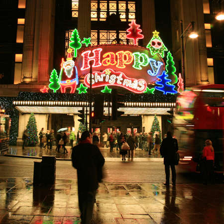 London, UK - November 21, 2010: Street Night View of Oxford Street with Christmas Decoration. Oxford Street is one of the most famous shopping street in London and also famous for it's beautiful Christmas Decoration.  のeditorial素材