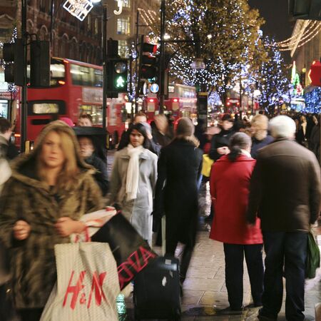 London, UK - December 15, 2010: Street Night View of Oxford Street with Christmas Decoration. Oxford Street is one of the most famous shopping street in London and also famous for it's beautiful Christmas Decoration.のeditorial素材