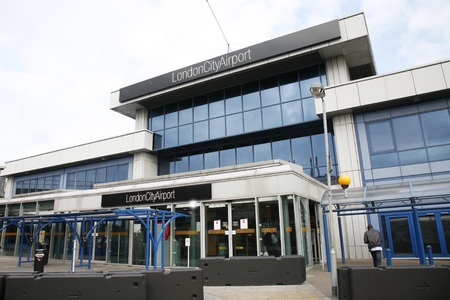 London, UK - October 13, 2012: The terminal buildings of London City Airport, located in Borough of Newham, owned by GIP, serve about 3 million passengers a year, fifth busiest airport London area. のeditorial素材
