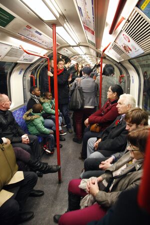 London, UK - November 11, 2012: Inside view of London Underground, oldest underground railway in the world, covering 402 km of tracks, のeditorial素材