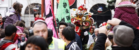 LONDON - January 29, 2012: Performers, lion dance, take part in the celebration of Chinese New Year....