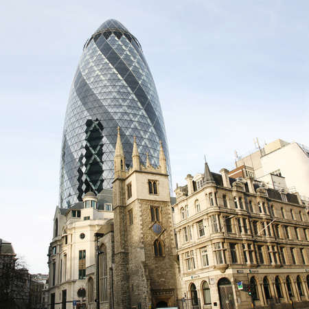 London , UK - March 25, 2012: Outside view of 30 St Mary Axe, also called Gherkin, a skyscraper in the City of London, 180 metres height, 41 floors, completed in 2003, seen from pedestrian walk path. 
のeditorial素材
